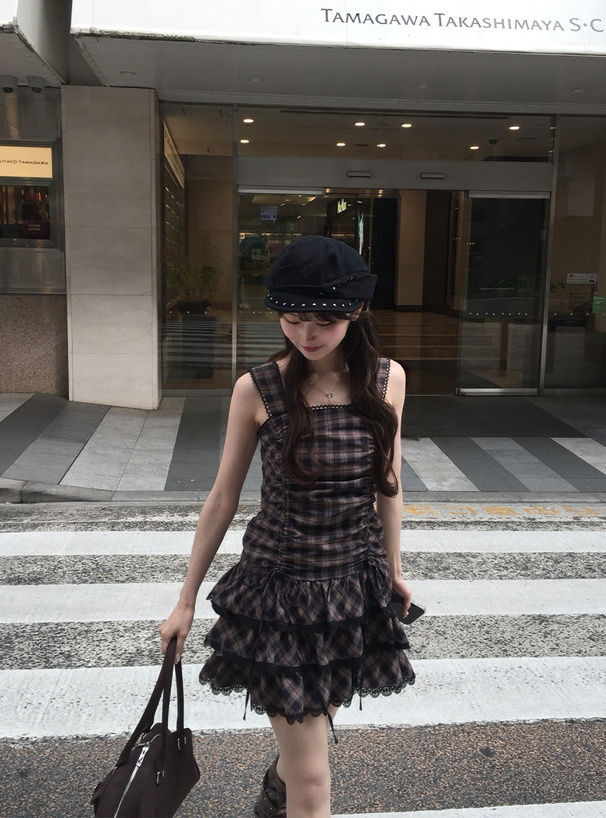 チェック柄ドロストティアードフリルミニワンピース