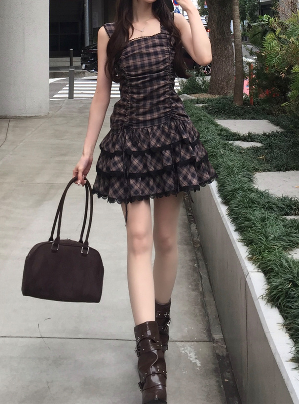 チェック柄ドロストティアードフリルミニワンピース