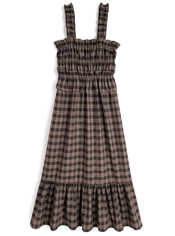 チェック柄ギャザーフリルロングワンピース