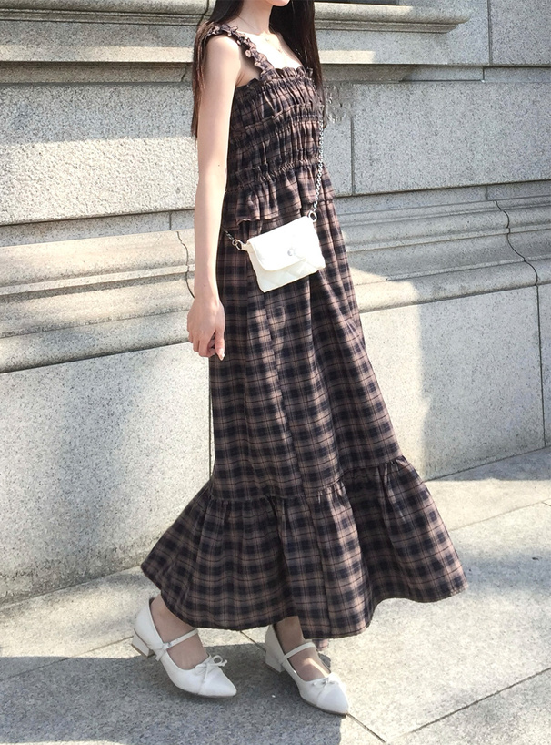 チェック柄ギャザーフリルロングワンピース
