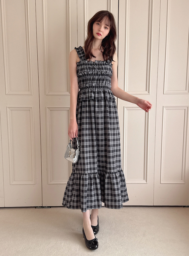 チェック柄ギャザーフリルロングワンピース