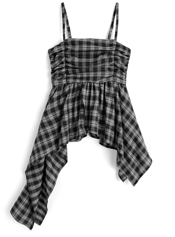 チェック柄ギャザーイレギュラーヘムチュニック[cc128]