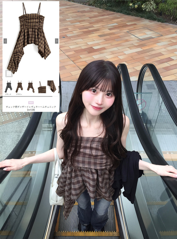 チェック柄ギャザーイレギュラーヘムチュニック