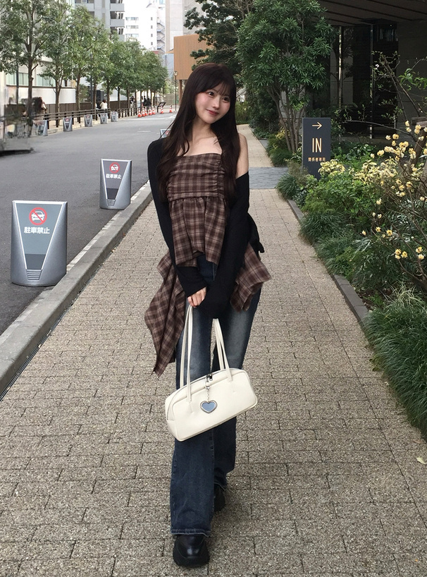 チェック柄ギャザーイレギュラーヘムチュニック
