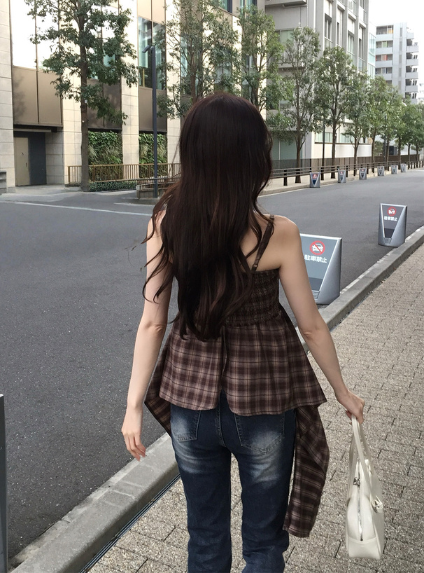 チェック柄ギャザーイレギュラーヘムチュニック