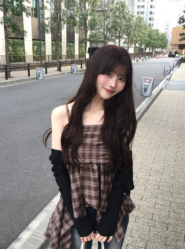 チェック柄ギャザーイレギュラーヘムチュニック