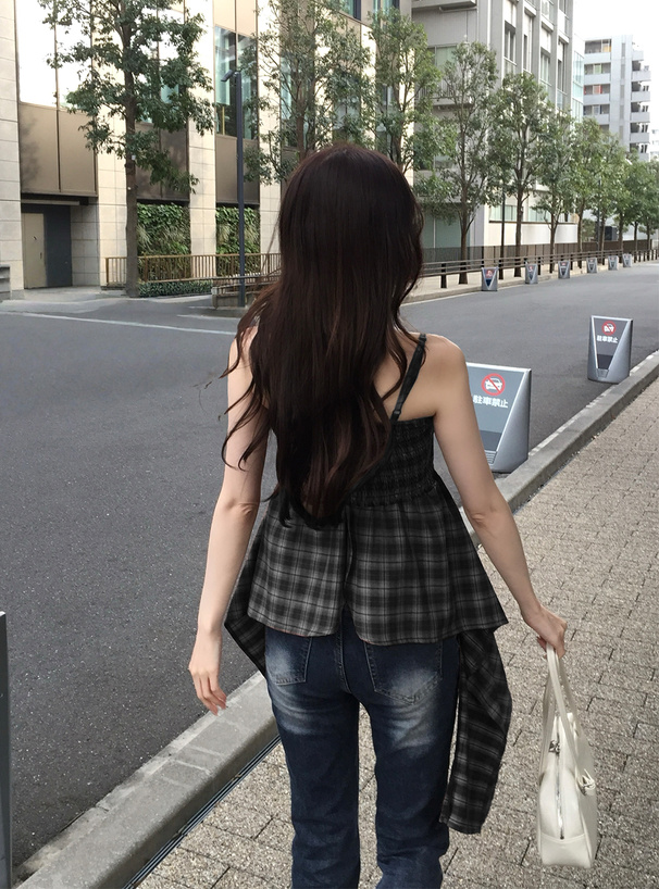 チェック柄ギャザーイレギュラーヘムチュニック