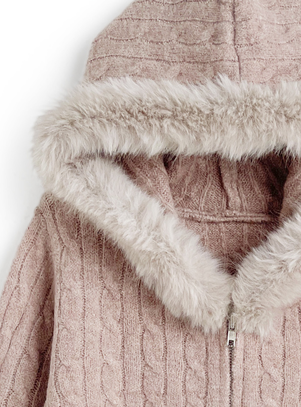 フードファーダブルジップケーブル編みニットパーカー[cc129