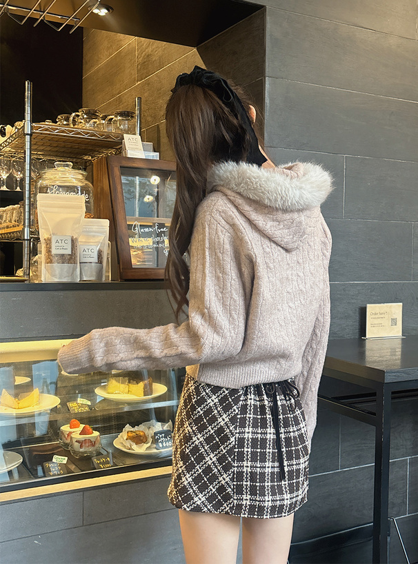 フードファーダブルジップケーブル編みニットパーカー[cc129