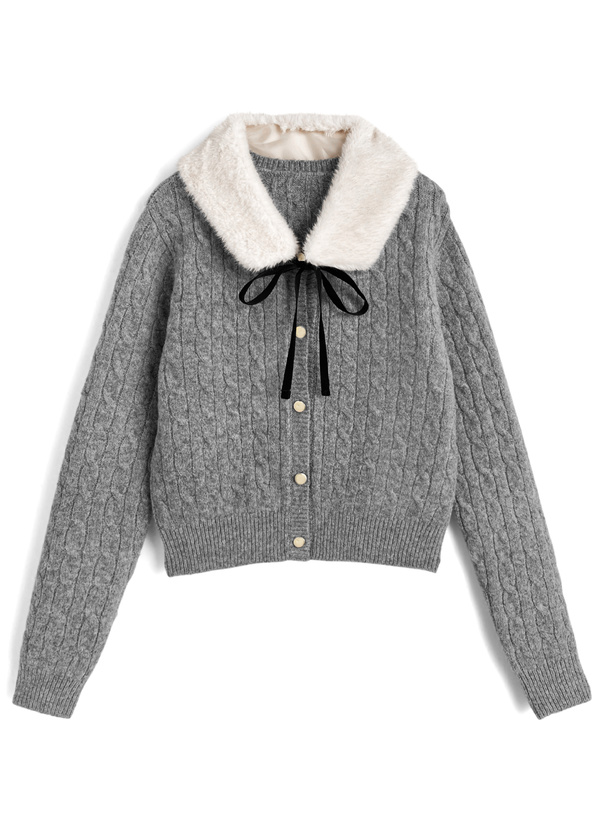 ファーティペット付きケーブル編みニットカーディガン[cc130