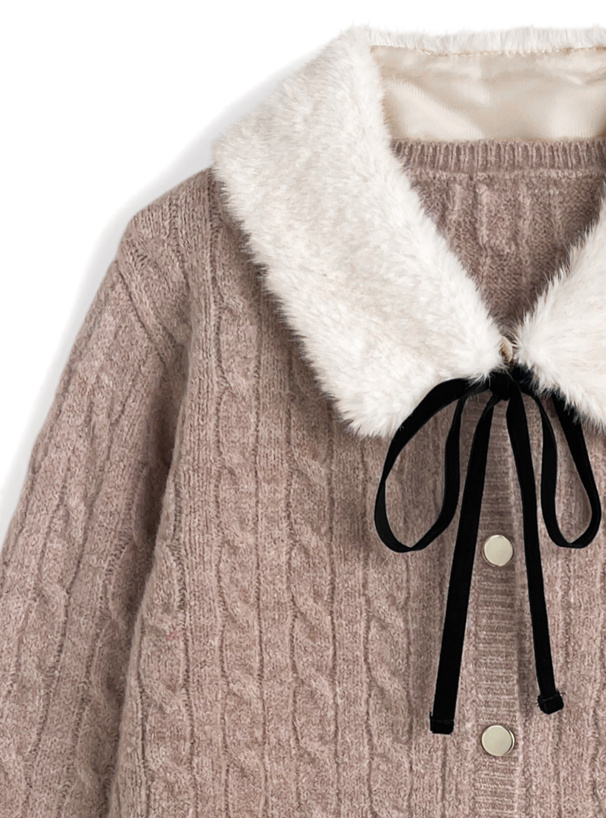 ファーティペット付きケーブル編みニットカーディガン[cc130