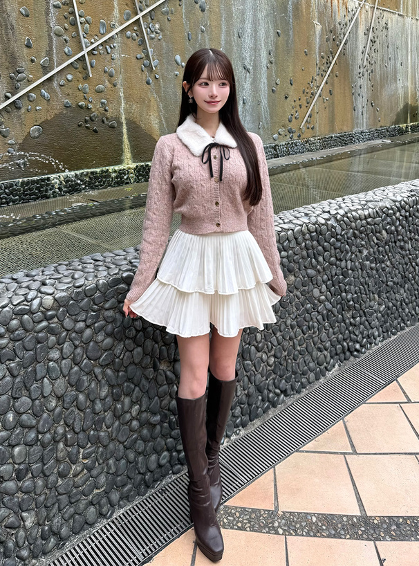 ファーティペット付きケーブル編みニットカーディガン[cc130