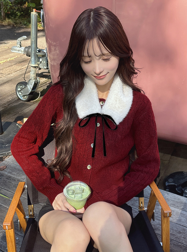 ファーティペット付きケーブル編みニットカーディガン[cc130