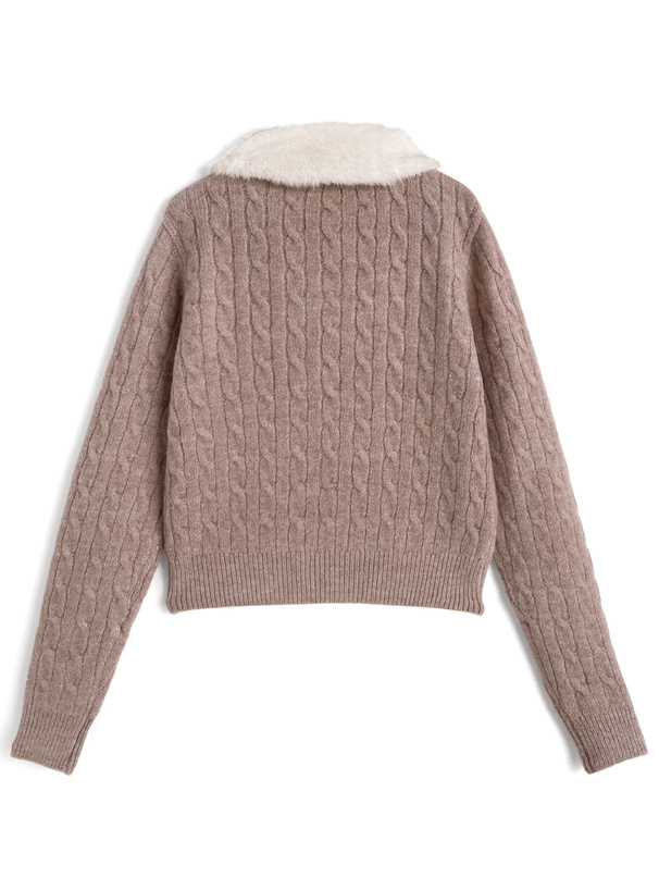 ファーティペット付きケーブル編みニットカーディガン