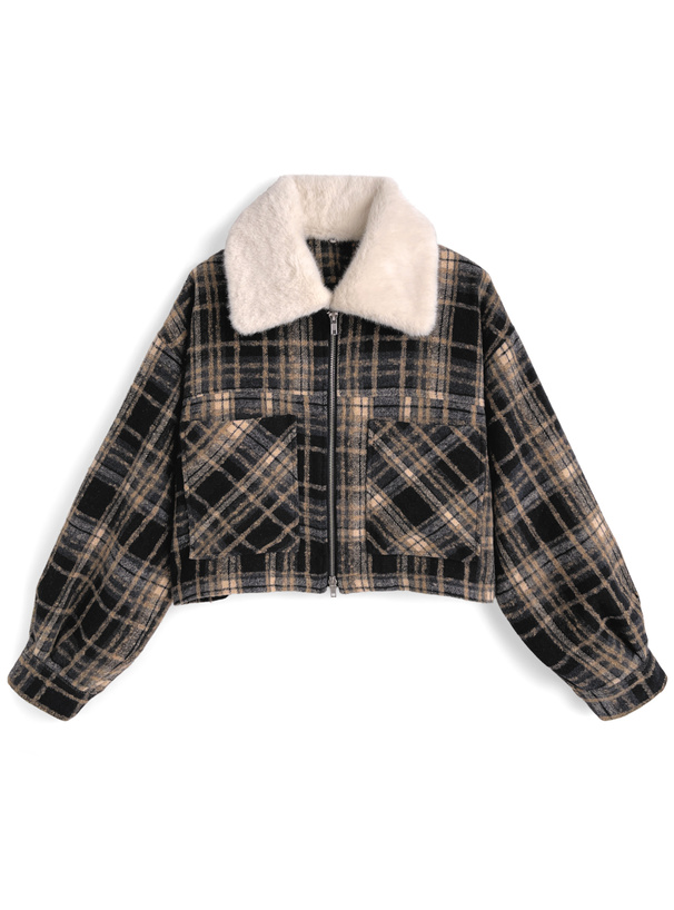 ファーティペット付きチェック柄ダブルジップジャケット[cc132