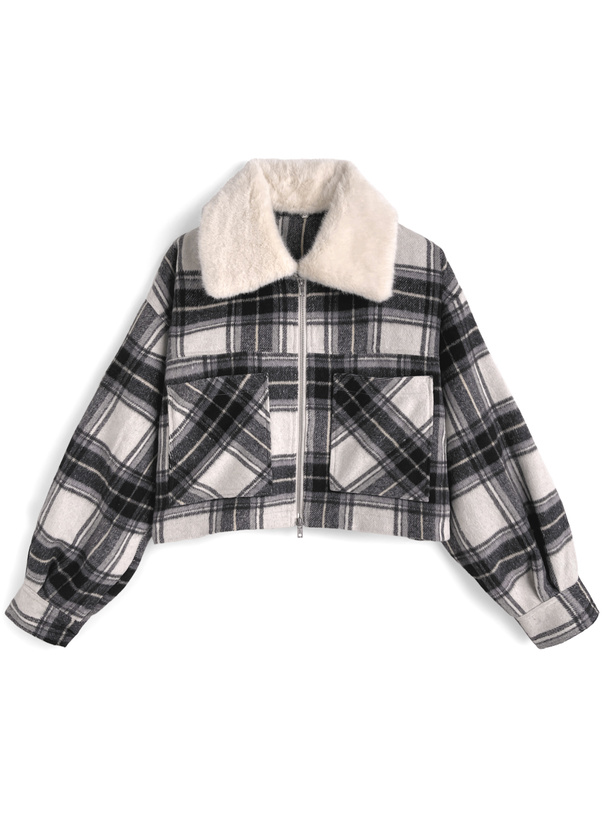 ファーティペット付きチェック柄ダブルジップジャケット[cc132