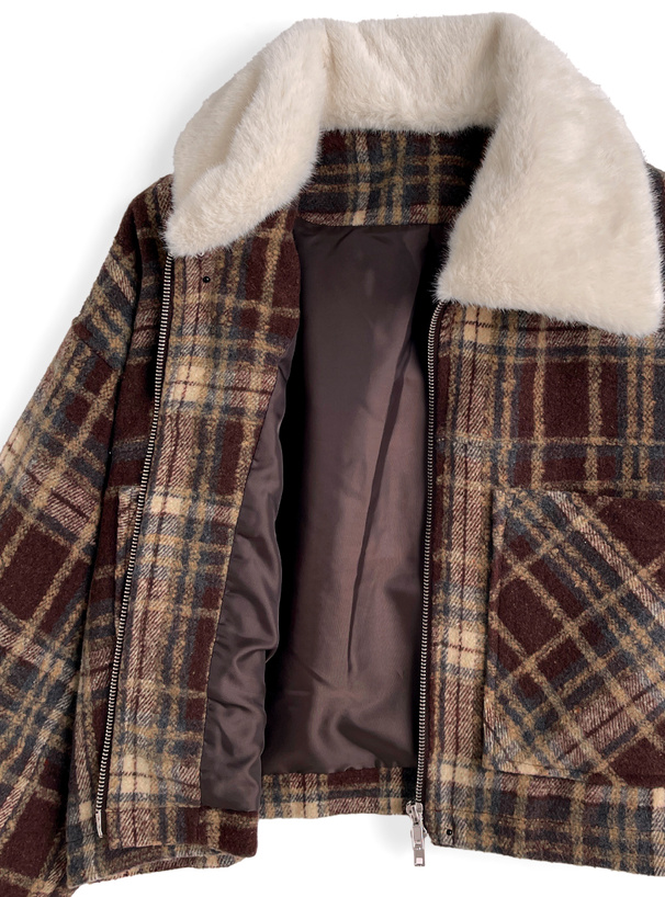 ファーティペット付きチェック柄ダブルジップジャケット[cc132