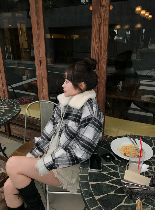 ファーティペット付きチェック柄ダブルジップジャケット[cc132