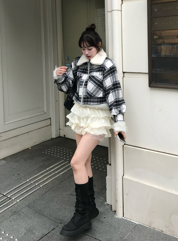 ファーティペット付きチェック柄ダブルジップジャケット[cc132