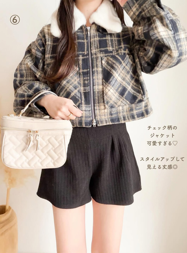 ファーティペット付きチェック柄ダブルジップジャケット[cc132