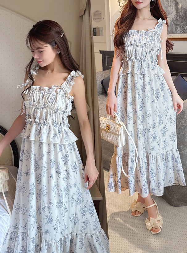 花柄フリルリボンキャミソールワンピース