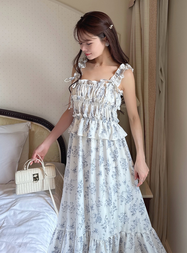 花柄フリルリボンキャミソールワンピース