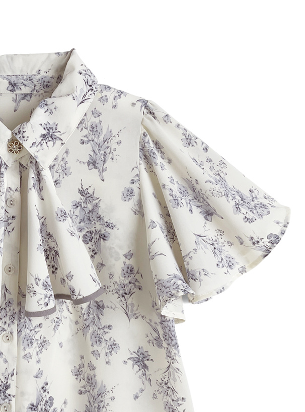 スカーフタイ付き花柄パイピングフレアスリーブブラウス