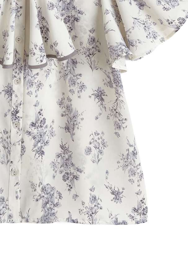 スカーフタイ付き花柄パイピングフレアスリーブブラウス