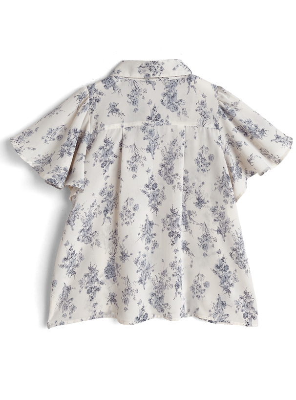 スカーフタイ付き花柄パイピングフレアスリーブブラウス