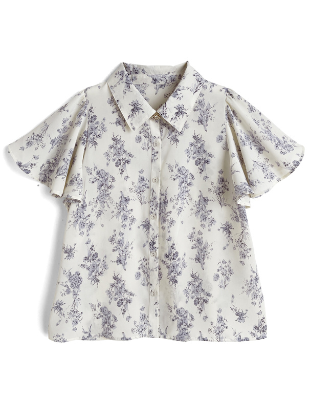 スカーフタイ付き花柄パイピングフレアスリーブブラウス