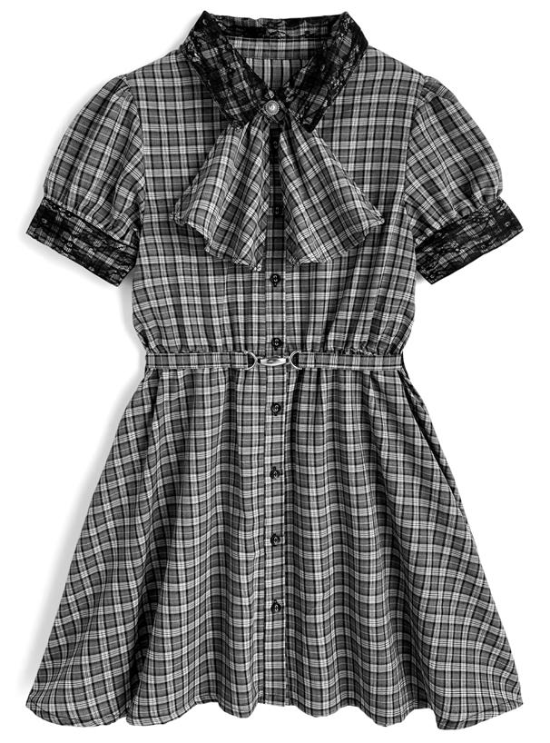 スカーフタイ・ベルト付きチェック柄レースミニワンピース