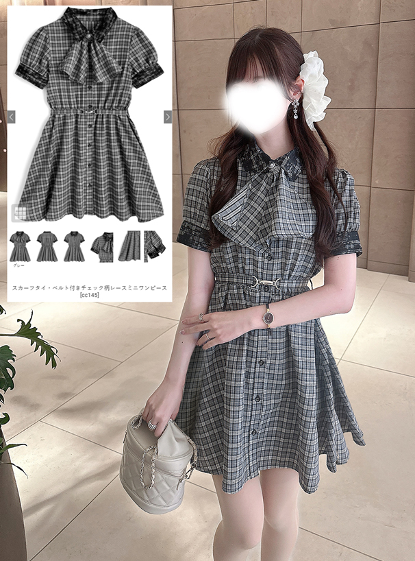 スカーフタイ・ベルト付きチェック柄レースミニワンピース