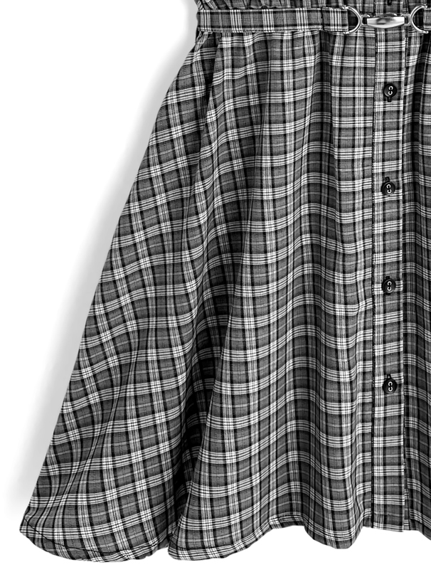 スカーフタイ・ベルト付きチェック柄レースミニワンピース