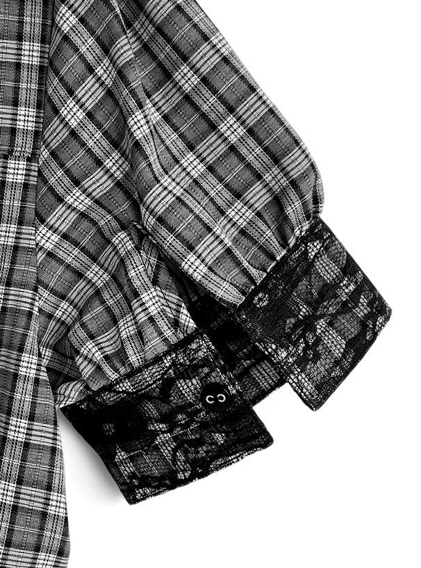 スカーフタイ・ベルト付きチェック柄レースミニワンピース