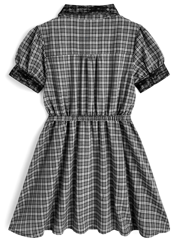 スカーフタイ・ベルト付きチェック柄レースミニワンピース