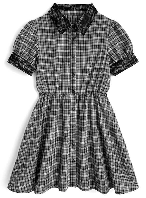 スカーフタイ・ベルト付きチェック柄レースミニワンピース