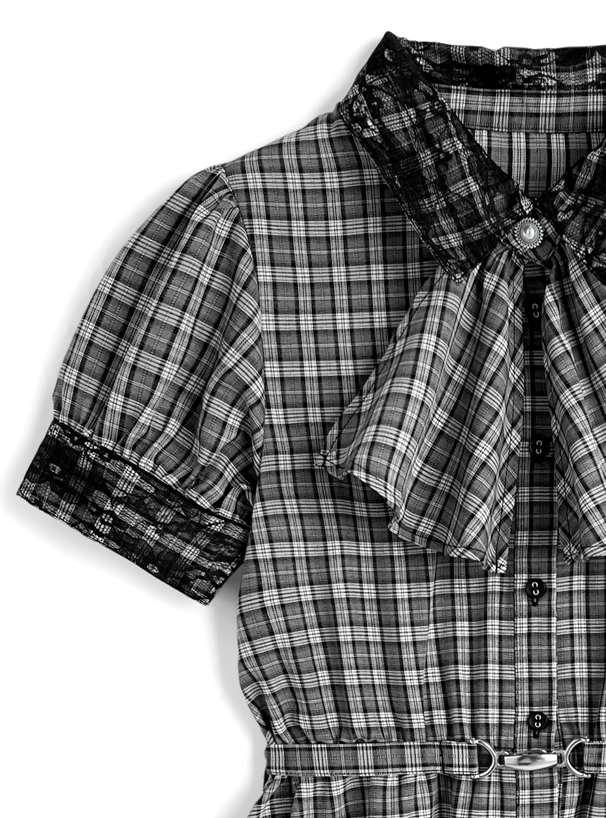 スカーフタイ・ベルト付きチェック柄レースミニワンピース