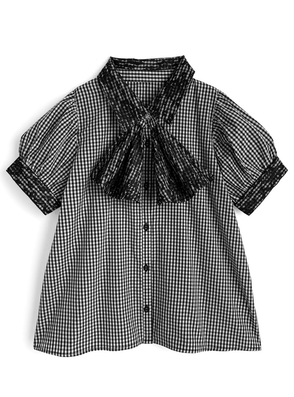 スカーフタイ付きギンガムチェック柄ブラウス