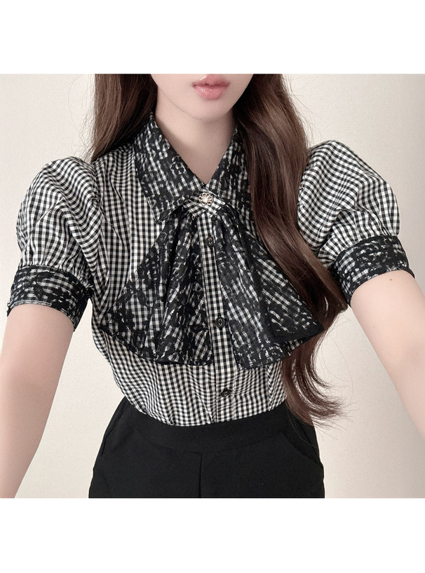 スカーフタイ付きギンガムチェック柄ブラウス