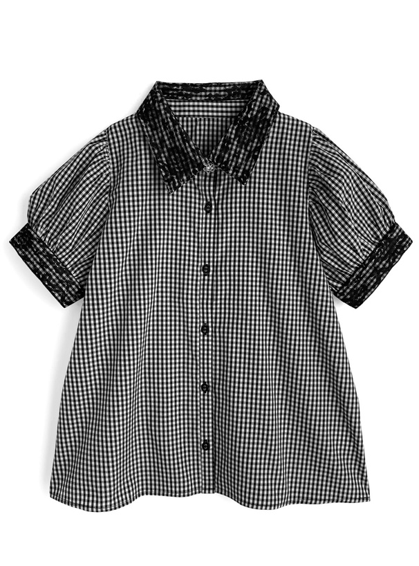 スカーフタイ付きギンガムチェック柄ブラウス