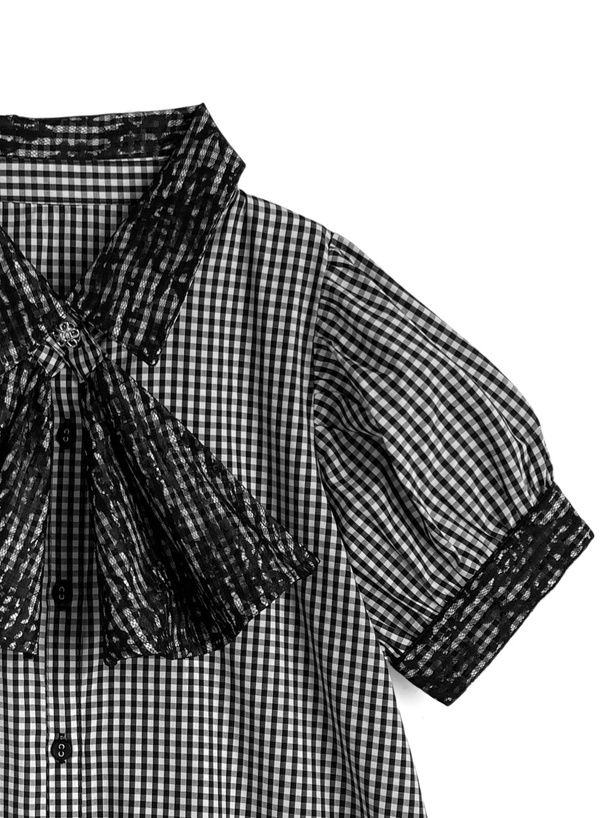 スカーフタイ付きギンガムチェック柄ブラウス