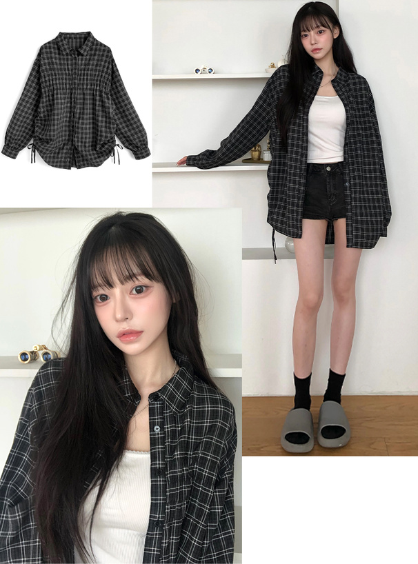 チェック柄シャーリングサイドドロストシャツ