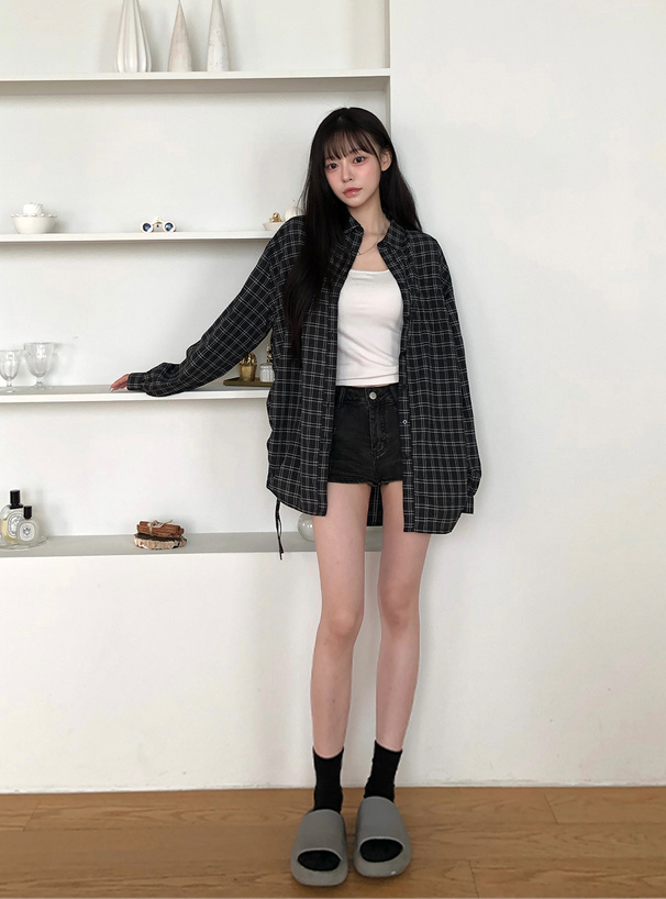 チェック柄シャーリングサイドドロストシャツ