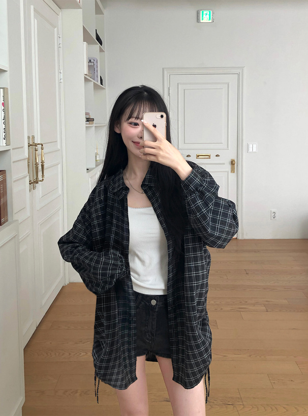 チェック柄シャーリングサイドドロストシャツ
