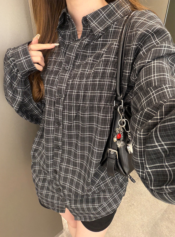 チェック柄シャーリングサイドドロストシャツ