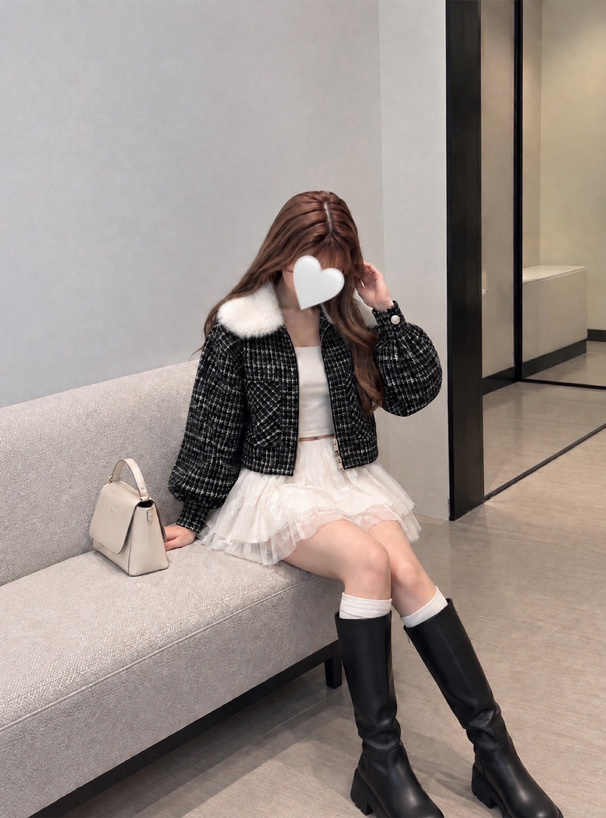 ファーティペット付きダブルジップツイードジャケット