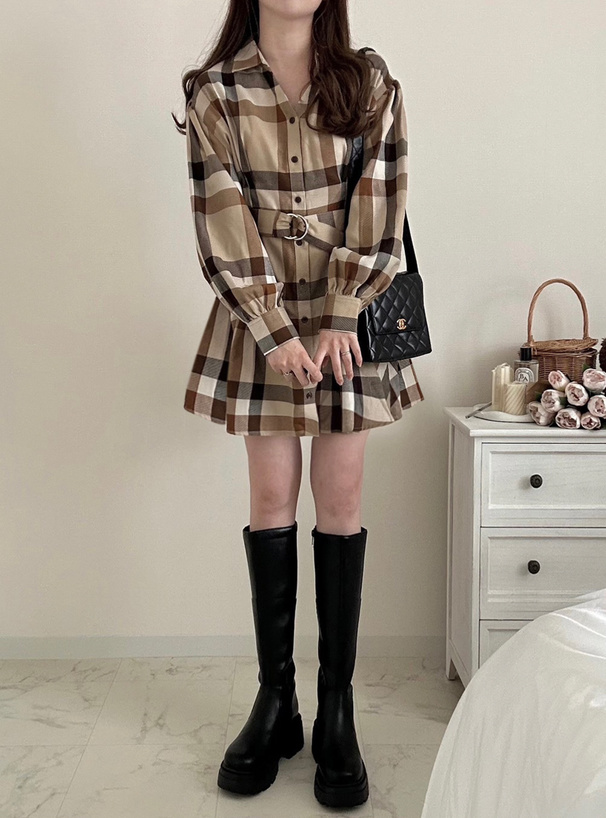 ベルト付きチェック柄シャツミニワンピース[cc47] | レディース