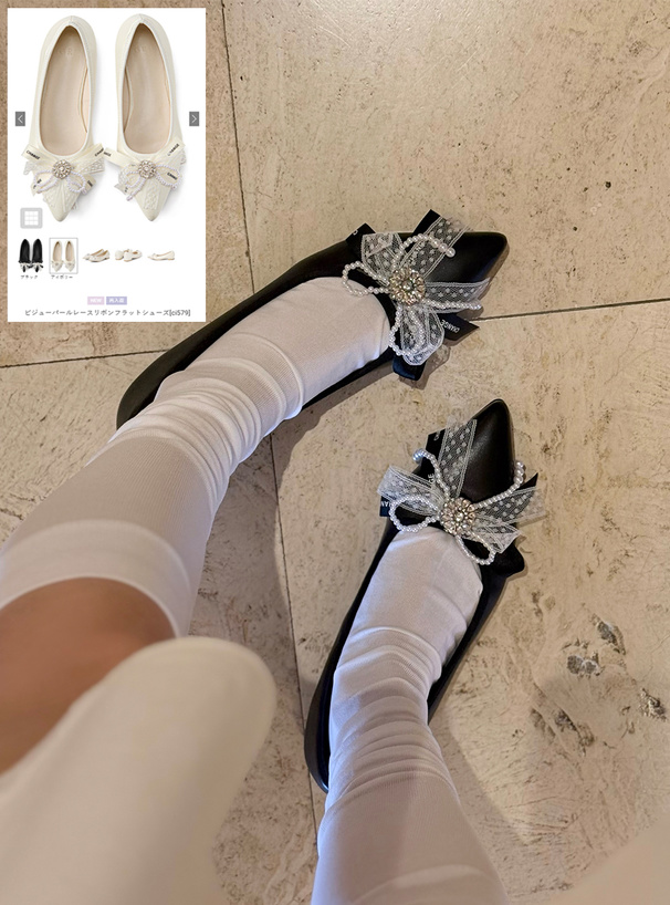 ビジューパールレースリボンフラットシューズ