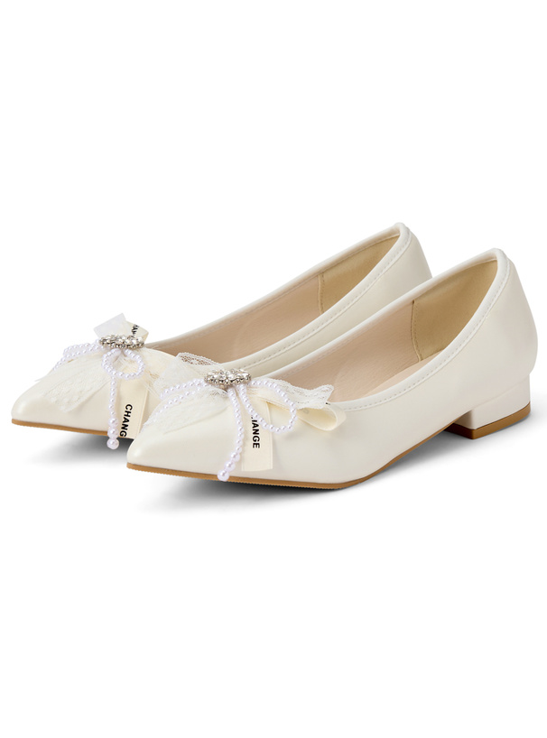 ビジューパールレースリボンフラットシューズ