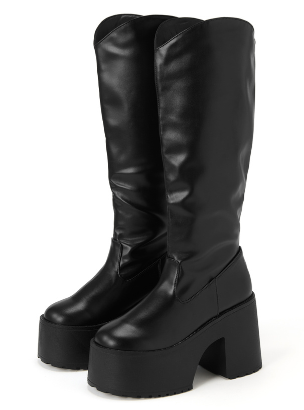 厚底ヒールレザーロングブーツ
